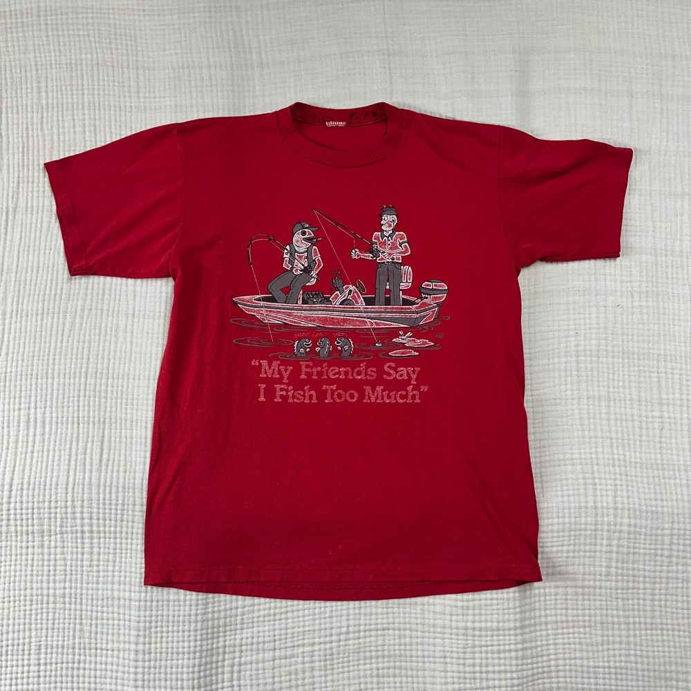 VTG 80s Fishing Graphic T Shirt Red single Stitch USA see measurements